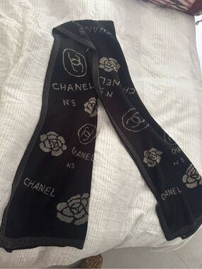 CHANEL Black and Silver Logo & Camellia Scarf MAKE OFFER